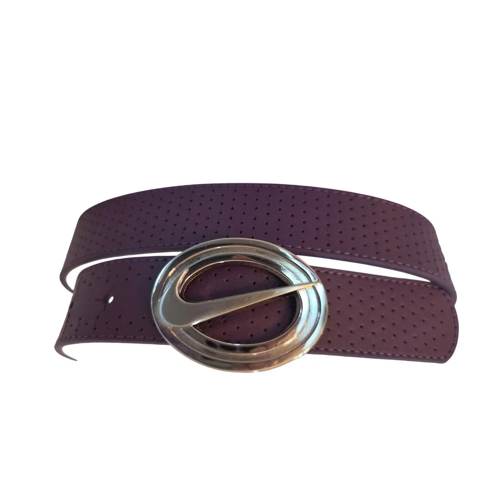 Nike Golf Belt S Purple White Reversible Perforated Leather Silver Swoosh Buckle